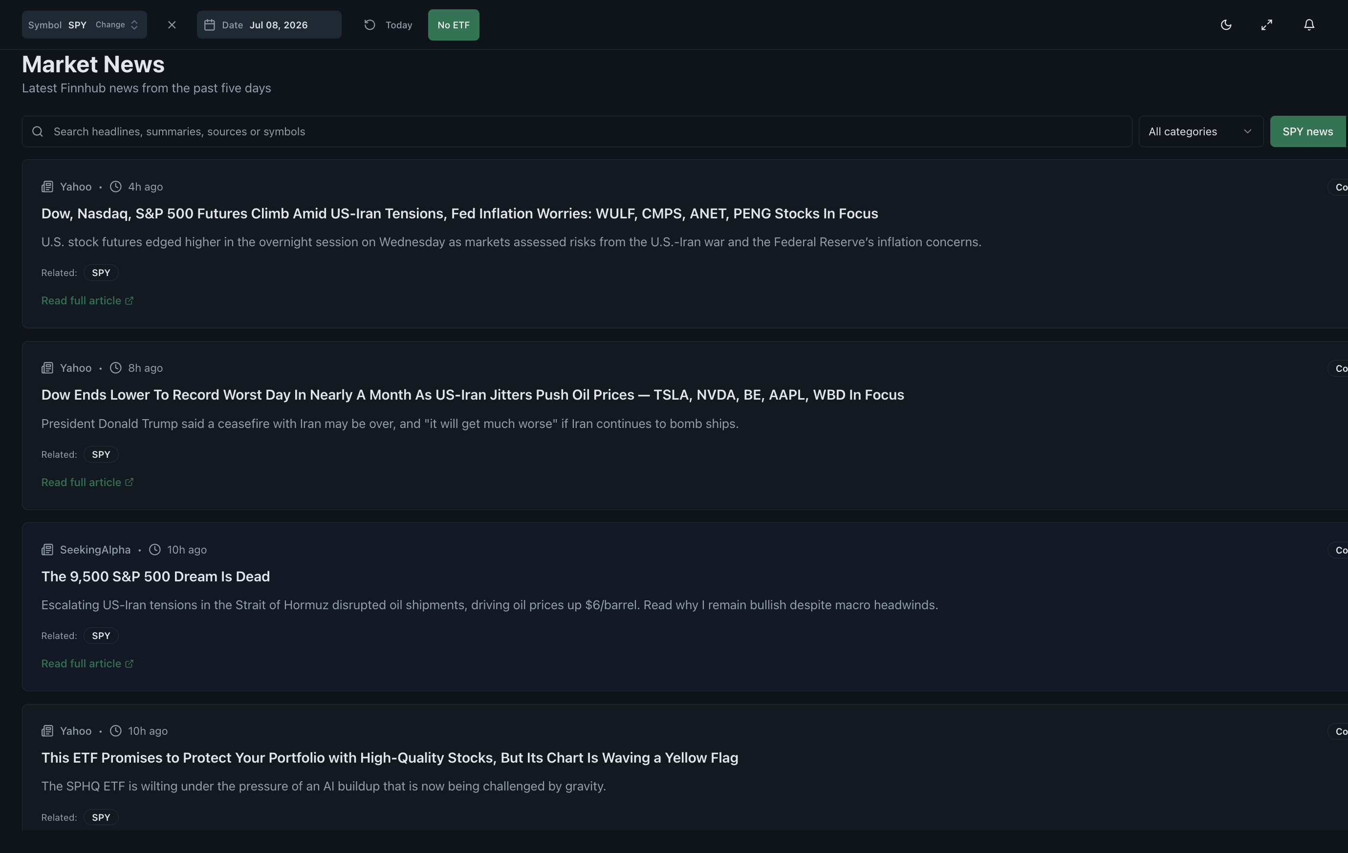 Market news page filtered to SPY headlines with search and category controls