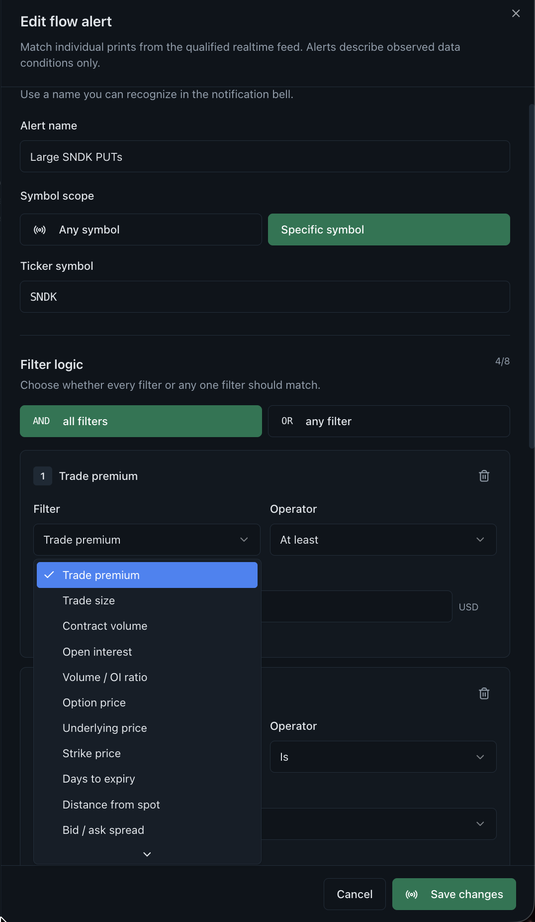 Flow alert editor for a saved SNDK put activity rule with symbol scope AND logic and configurable trade filters